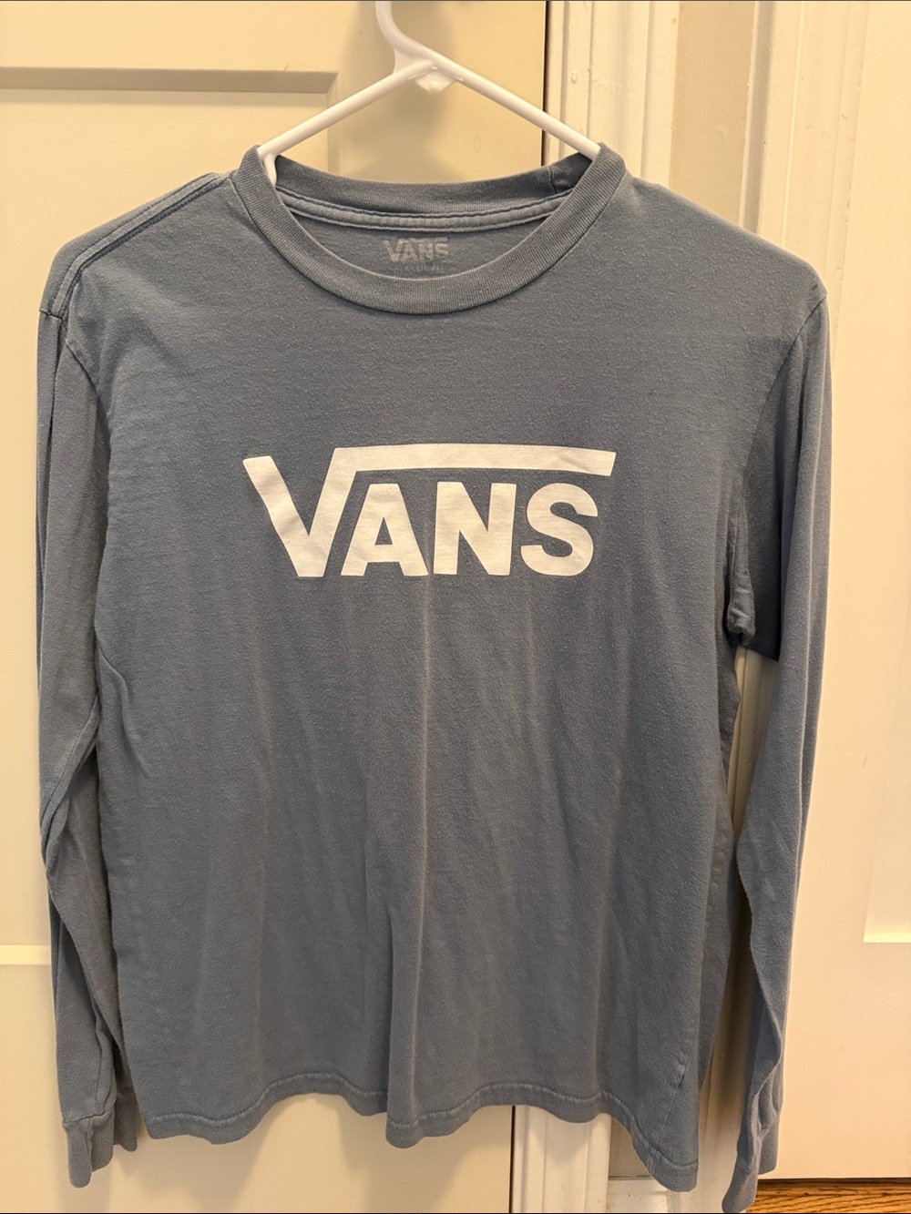 Vans Long Sleeve Logo Tee in Dusty Blue with White Print